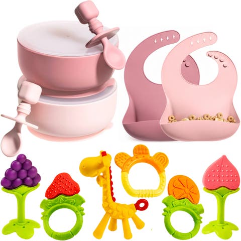 Silicone Suction Bowl Set with Lids, Adjustable Bibs, Teething Toys, BPA Free, Dishwasher & Freezer Safe