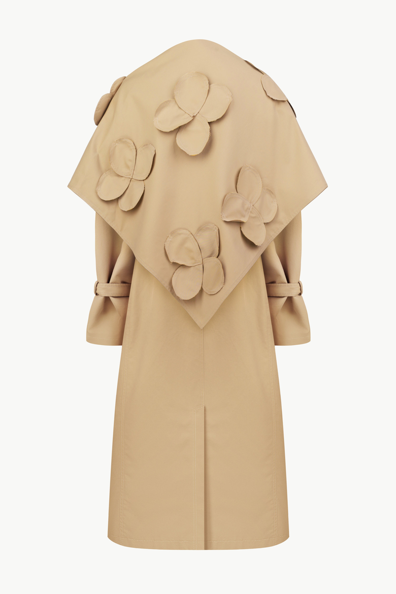 Relaxed Trench Coat With Detachable Scarf and Floral Appliques, Alternate, color, Beige