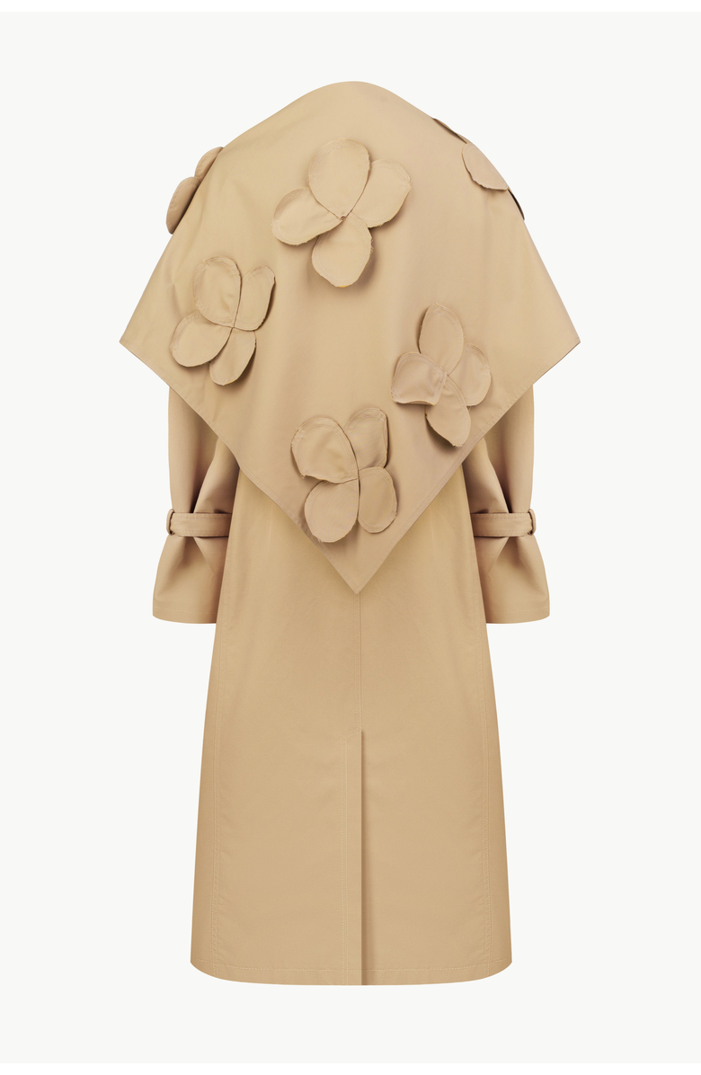 Malva Florea Relaxed Trench Coat With Detachable Scarf and Floral Appliqus, Alternate, color, Beige