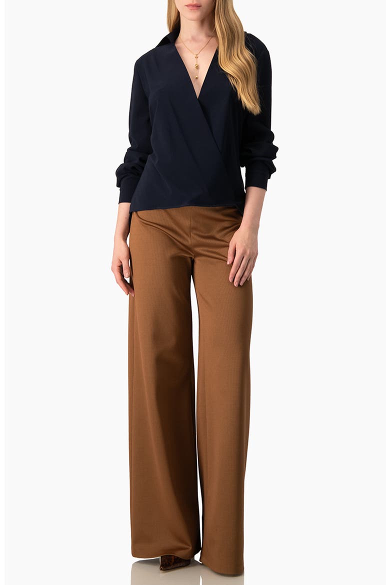 V-Neck Wrap Blouse with Barrel Cuffs, Alternate, color, Navy Blue