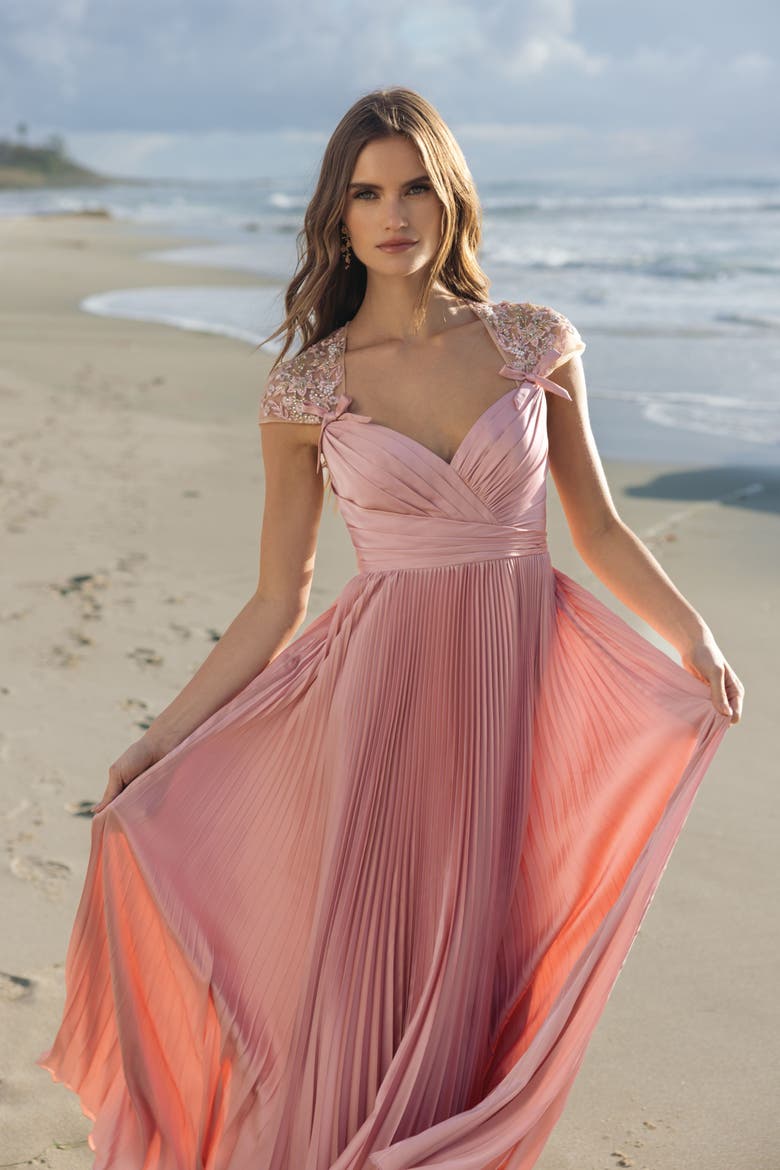 Pleated Charmeuse Embellished Cap Sleeve Gown, Alternate, color, Rose