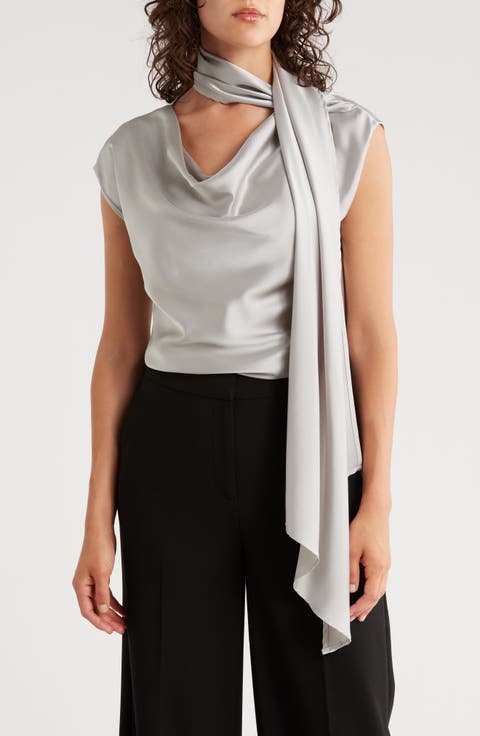Cap Sleeve Satin Top with Scarf