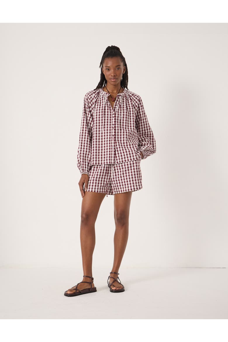 Elsa Gathered Gingham Beach Shirt, Alternate, color, Maroon Red & White