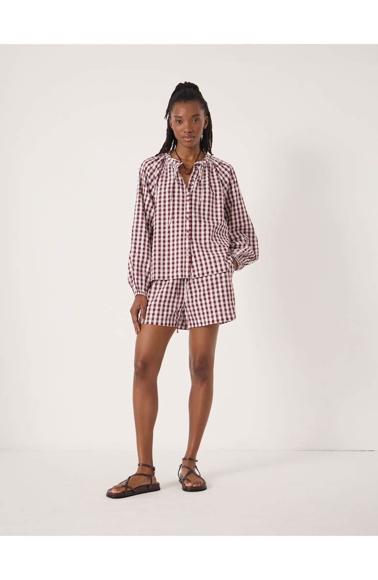 Hush Elsa Gathered Gingham Beach Shirt, Alternate, color, Maroon Red 
White
