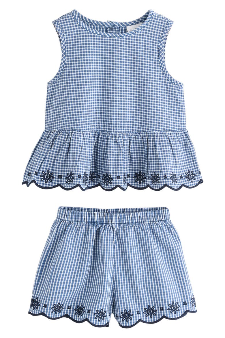 Kids' Gingham Broderie Cotton Tank & Shorts Set, Main, color, BLUE