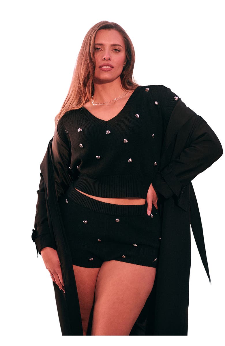ELOQUII Heart Stud Sweater Hot Short, Main, color, Black Onyx