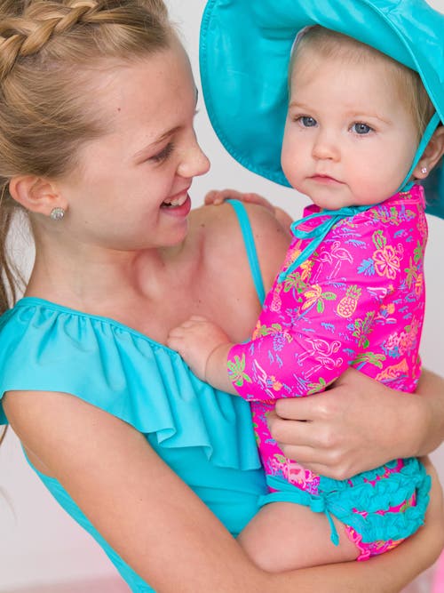 Rufflebutts Baby Girls Long Sleeve Upf50+ One Piece Rash Guard In Neon Island Time