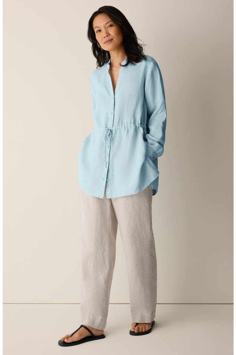 Split Neck Organic Linen Long Drawstring Shirt, Alternate, color, BREEZE