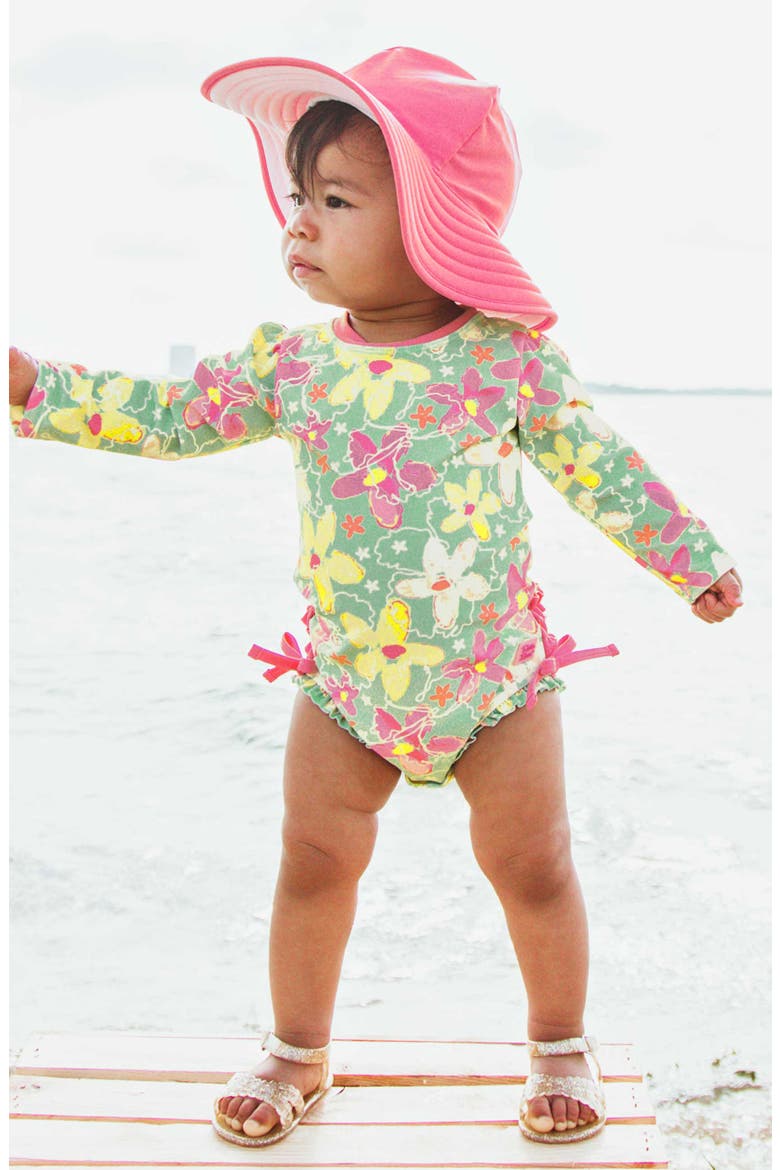 Waltzing On Water One-Piece Rashguard Swimsuit & Hat Set, Alternate, color, PINK