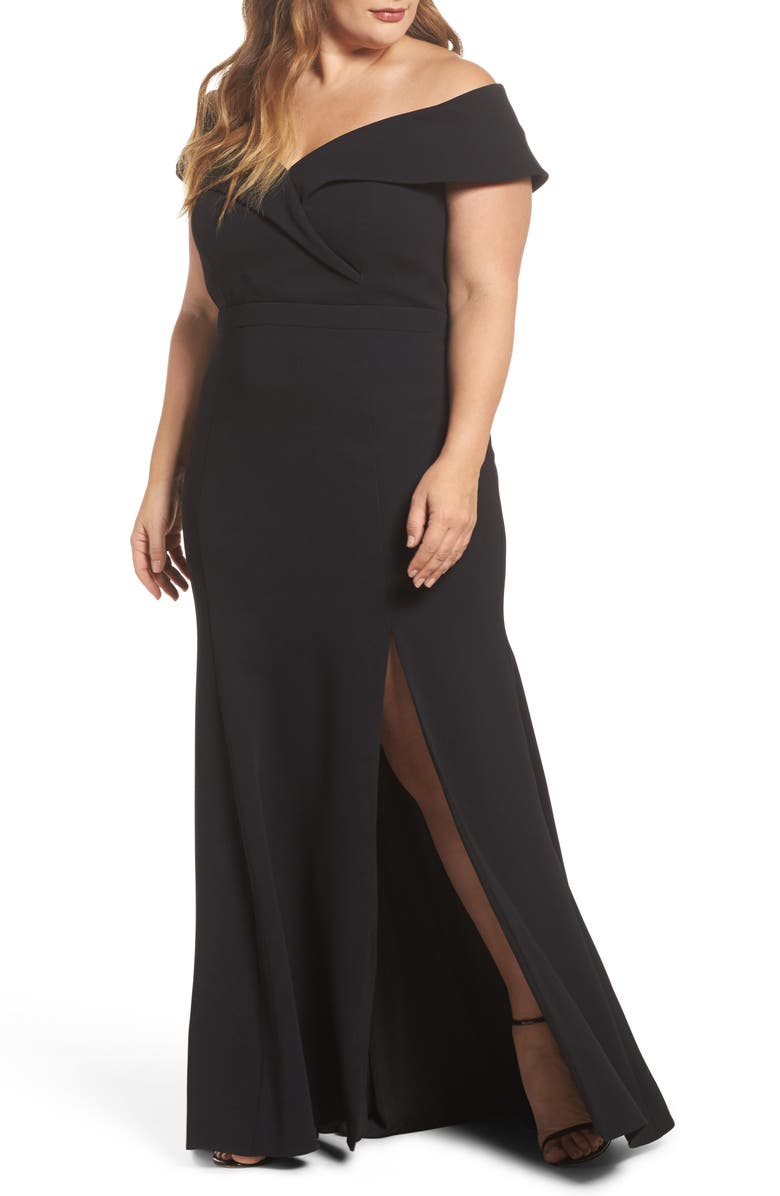 Xscape Evenings Xscape Off the Shoulder Front Slit Crepe Dress, Main, color,