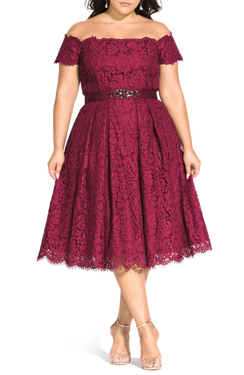 City Chic Off the Shoulder Lace Dreams Dress, Main, color, 