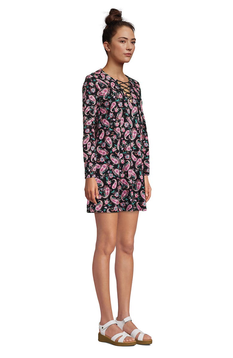 Lands' End Cotton Jersey V-neck Tunic Swim Cover-up Shirtdress, Alternate, color, Black Multi Paisley Floral