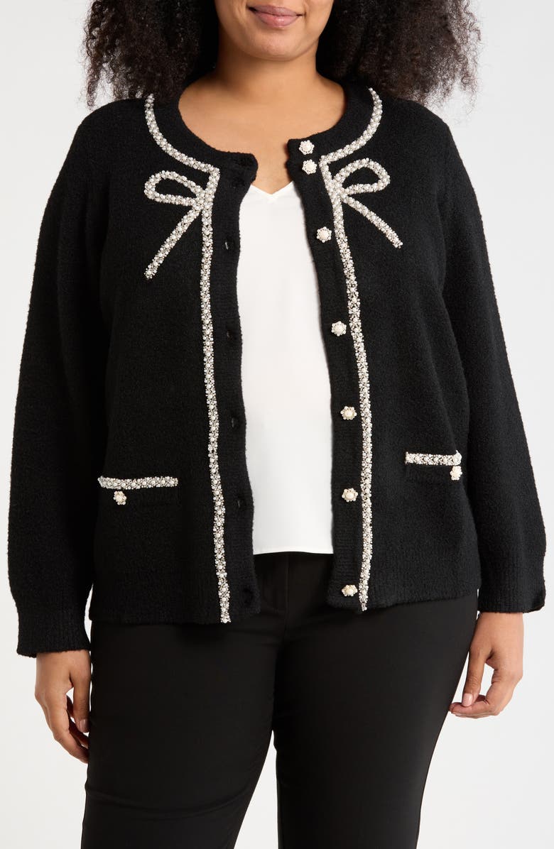 Adrianna Papell Faux Pearl Bow Cardigan, Main, color, Black