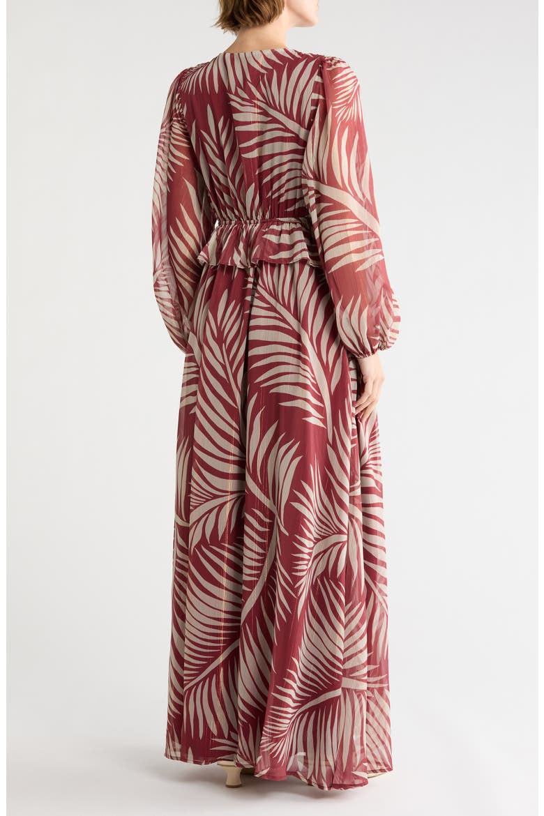 Palm Print Long Sleeve Chiffon Maxi Dress, Alternate, color, BURGUNDY