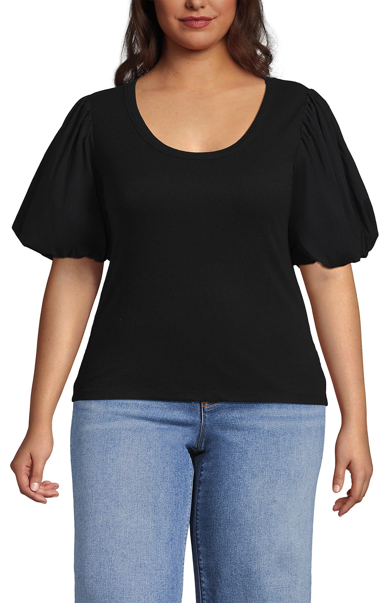 Drapey Rib Puff Sleeve Scoop Neck Top