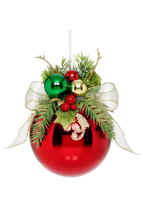 Floral Jeweled Ball Ornament, Shiny, Red