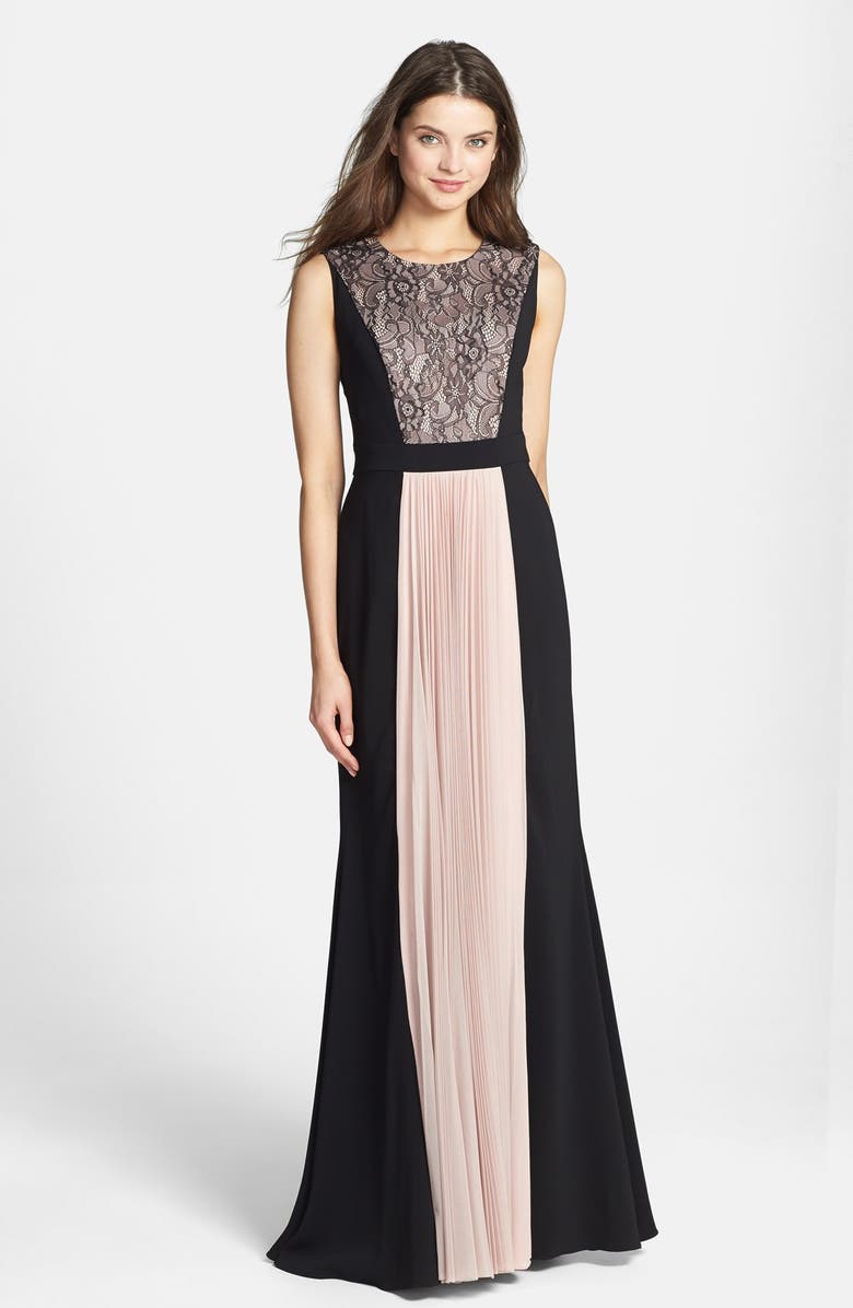 JS Collections Lace & Pleat Panel Crepe Gown, Main, color, 