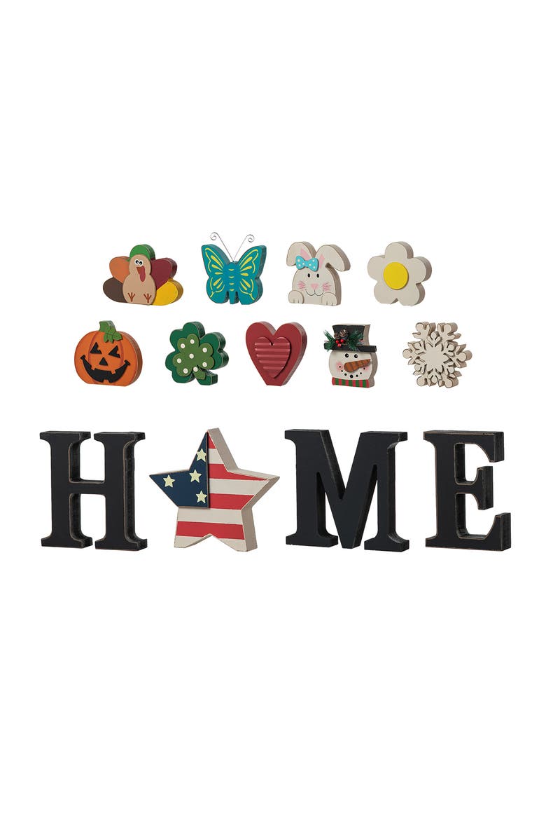13-Pieces Wooden Interchangeable HOME Tabletop Sign with Seasonal Icons, Alternate, color, Black