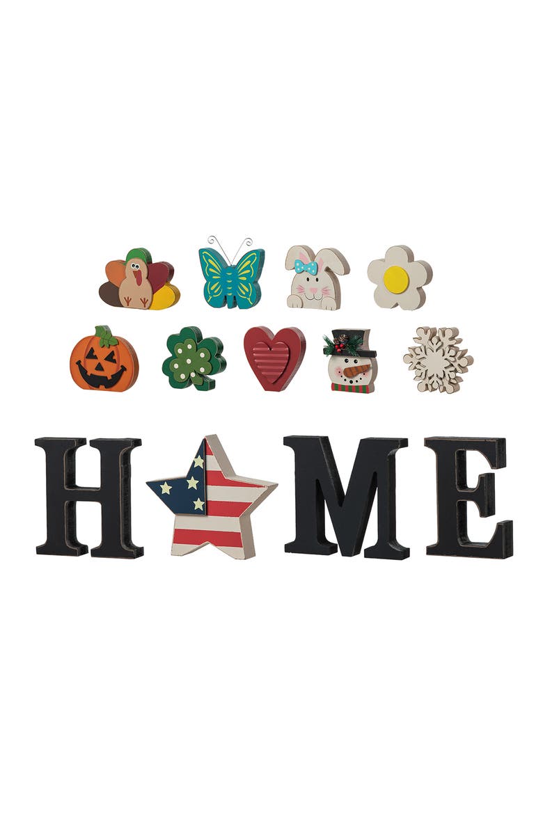 Glitzhome 13-Pieces Wooden Interchangeable HOME Tabletop Sign with Seasonal Icons, Alternate, color, Black