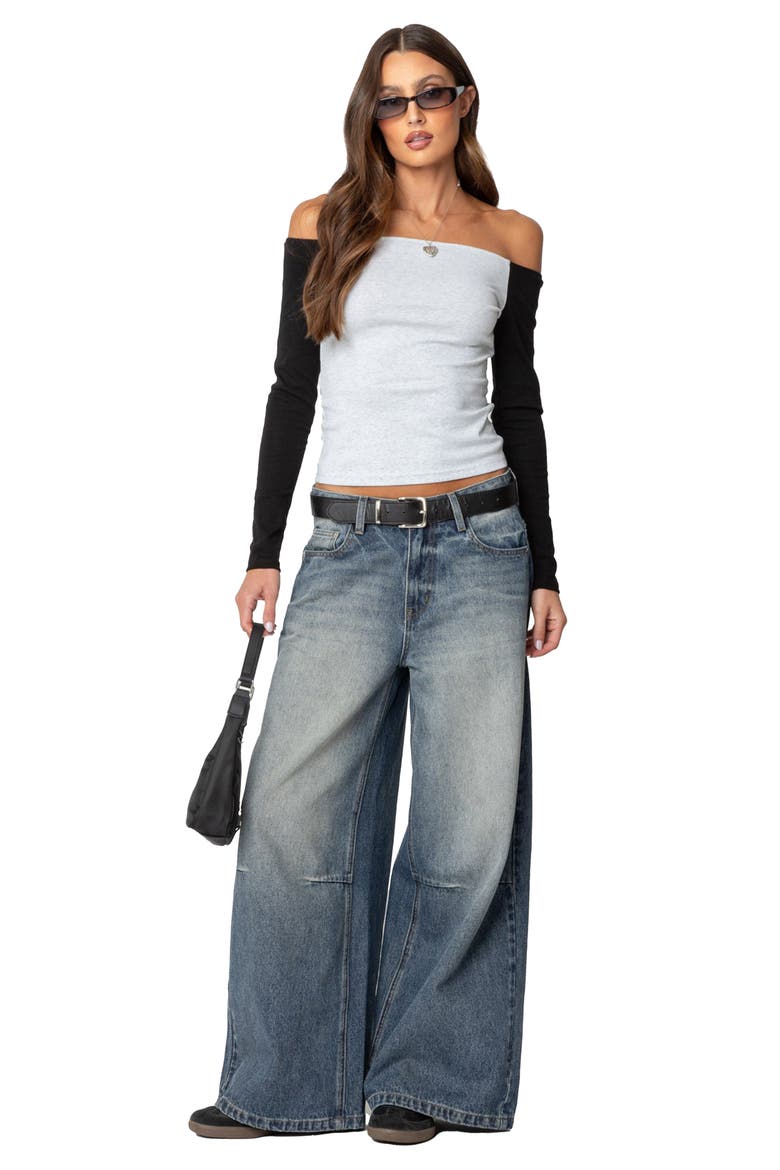 Colorblock Off the Shoulder Top, Alternate, color, GRAY-MELANGE