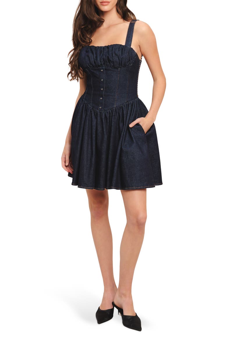 Denim Fit & Flare Minidress, Main, color, DARK INDIGO