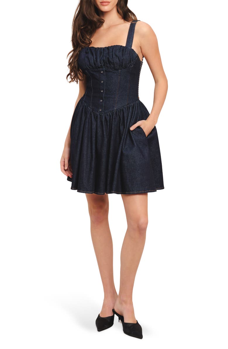 FLYING TOMATO Denim Fit & Flare Minidress, Main, color, Dark Indigo
