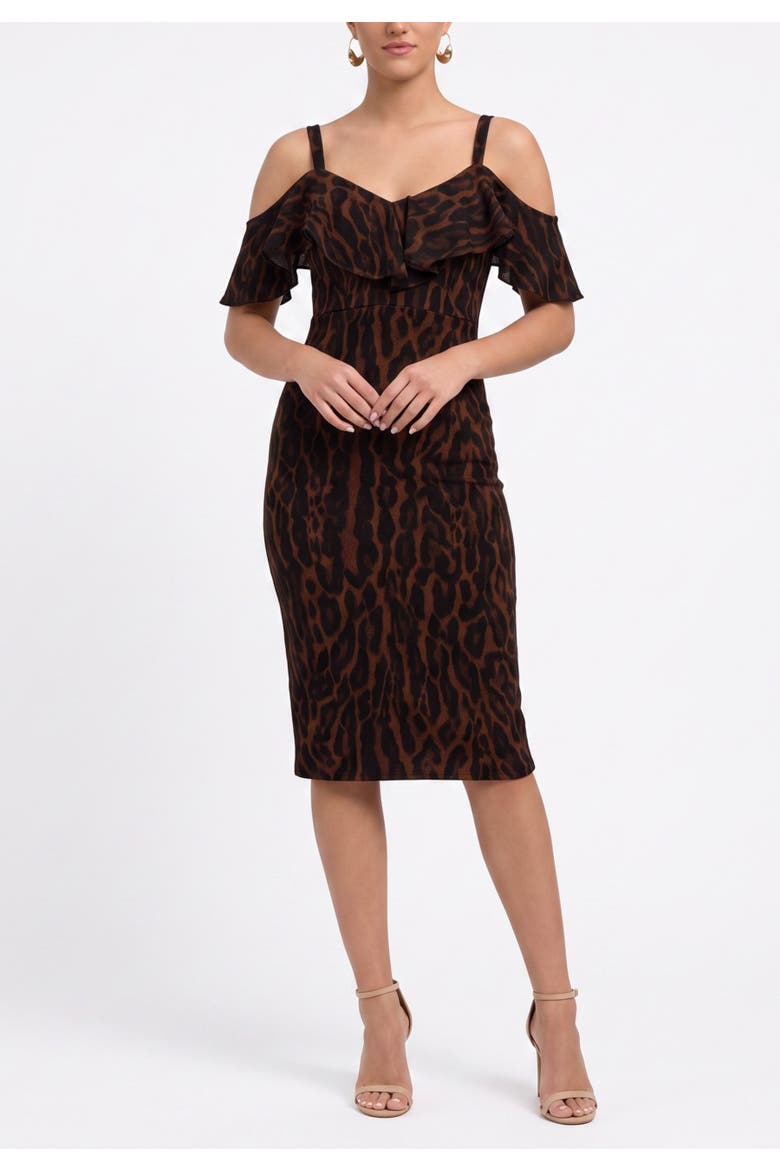 Marcella Printed Off the Shoulder Ruffle Midi Dress, Main, color, Holiday Leopard