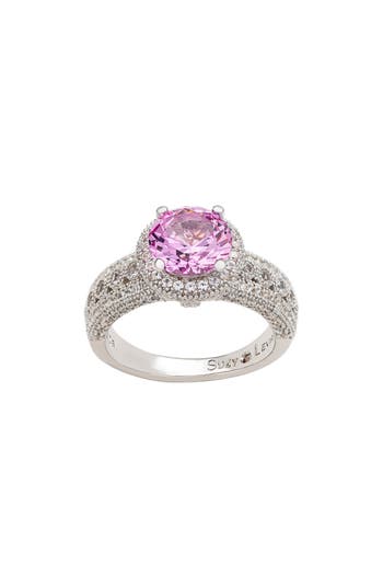 Suzy Levian Diamonds Round Pink Sapphire & Pavé Lab Grown White Sapphire Ring In Pink