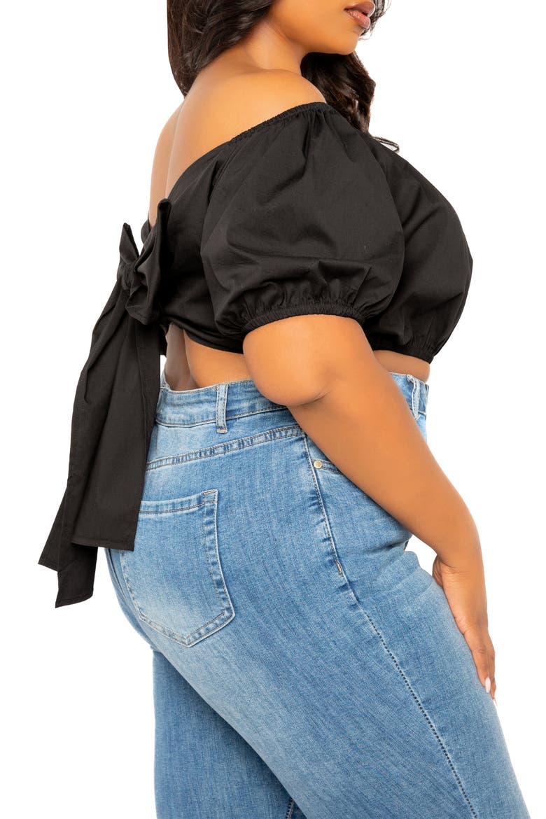 Off the Shoulder Bow Back Crop Top, Alternate, color, BLACK