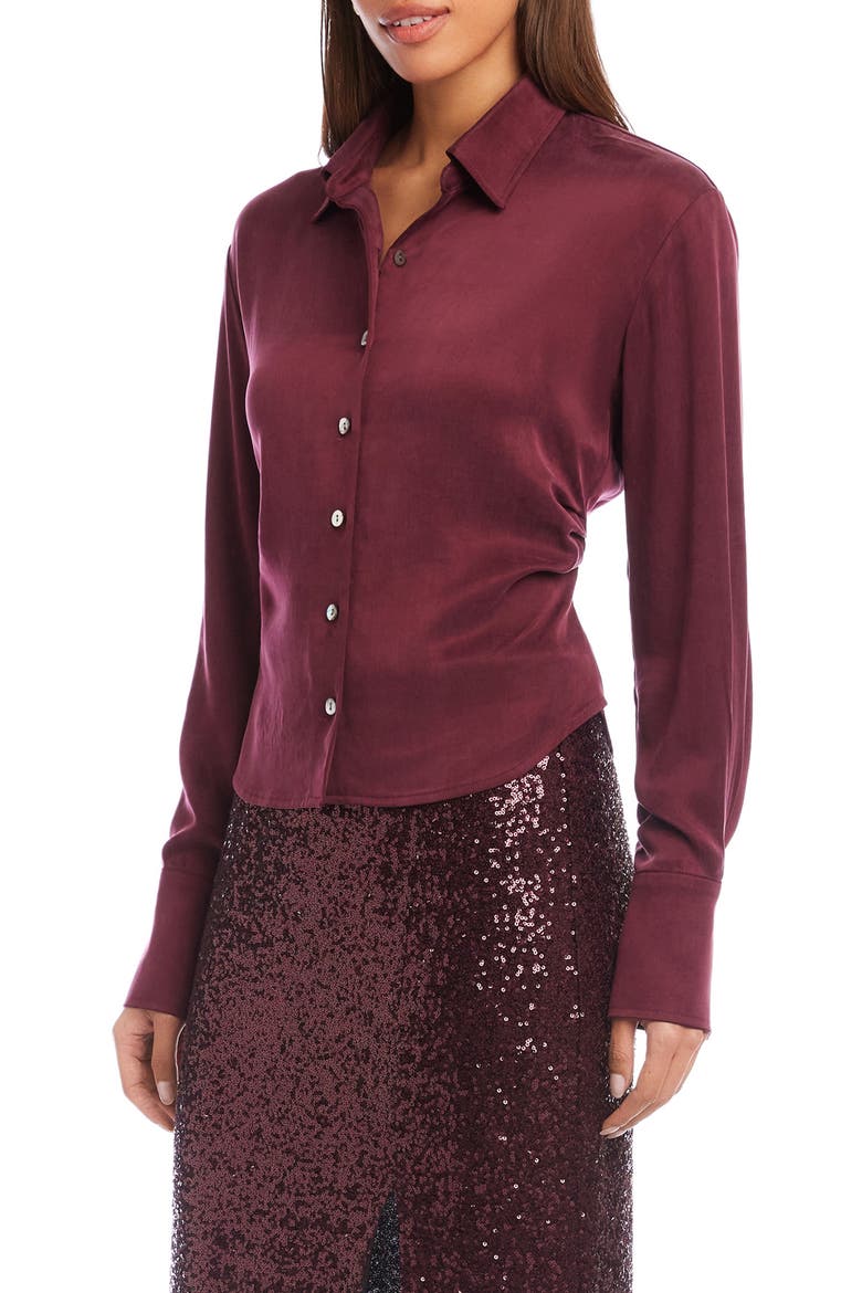 Tawnie Side Pleat Satin Button-Up Shirt, Alternate, color, WINE