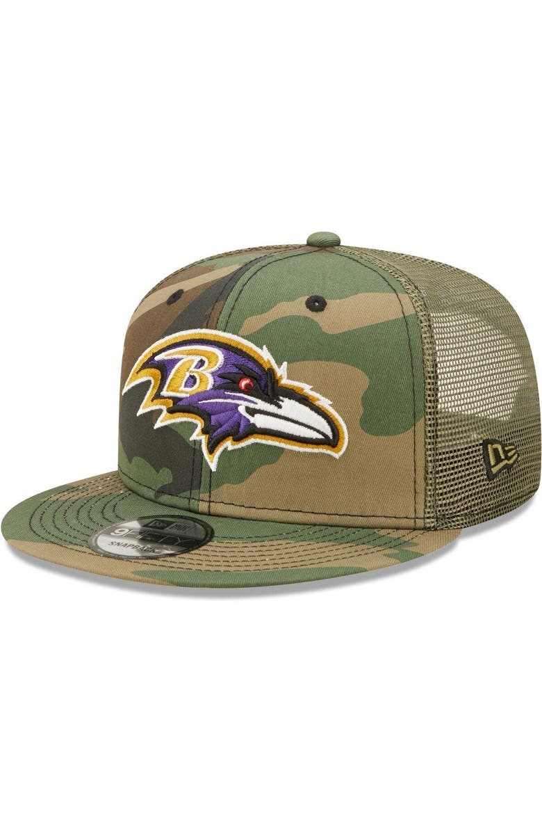 New Era Men's New Era Camo/Olive Baltimore Ravens Trucker 9FIFTY Snapback Hat, Main, color, 