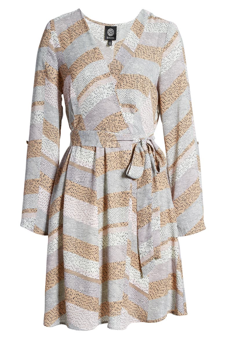 Print Long Sleeve Roll-Tab Faux Wrap Dress, Alternate, color, SNAKE PRINT