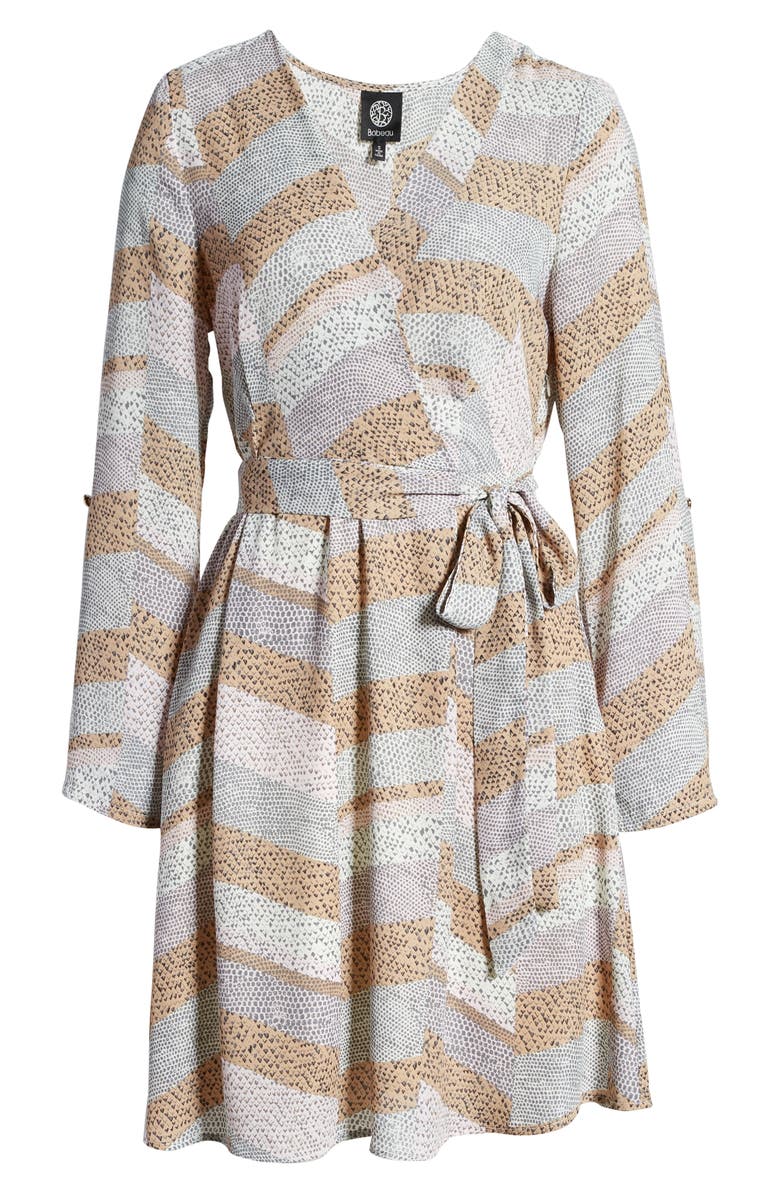 Bobeau Print Long Sleeve Roll-Tab Faux Wrap Dress, Alternate, color,