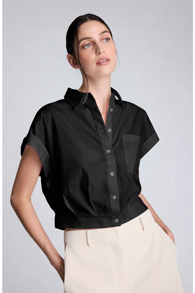 Cap Sleeve Crop Button-Up Shirt, Alternate, color, BLACK