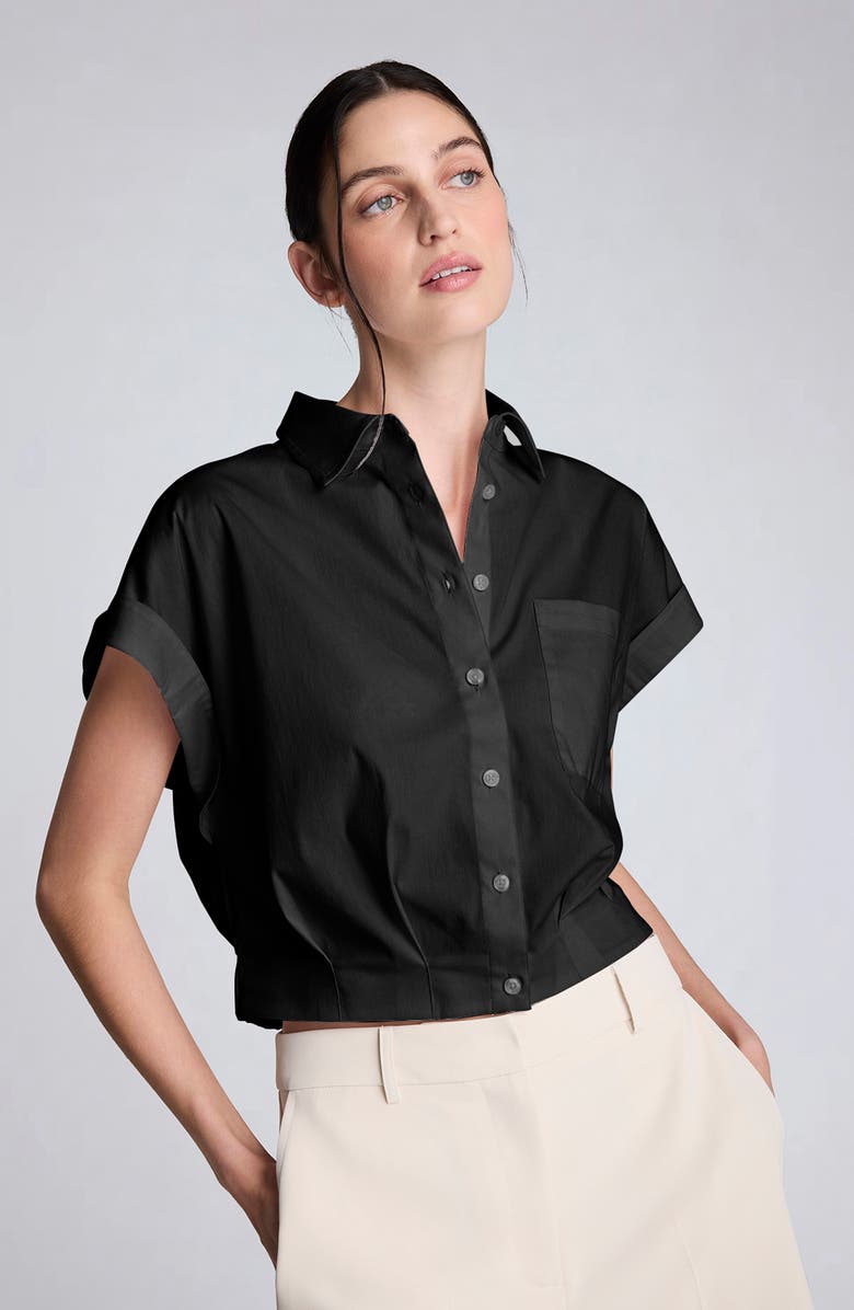 Kenneth Cole Cap Sleeve Crop Button-Up Shirt, Alternate, color, Black
