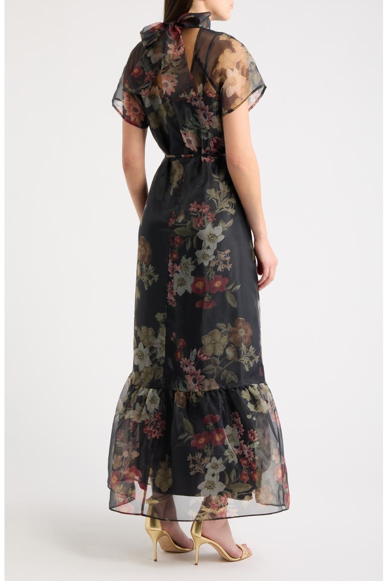 Print Tie Waist Organza Gown, Alternate, color, BLACK MULTI