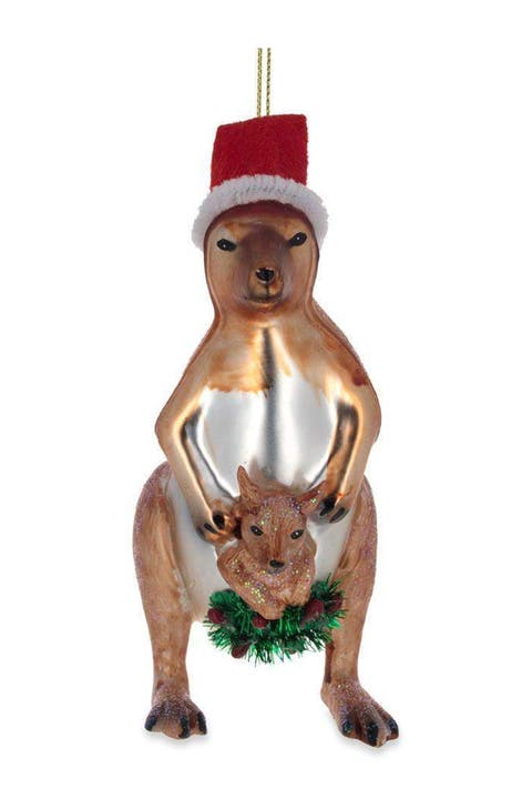 Kangaroo With Joey And Santa Hat Glass Ornament