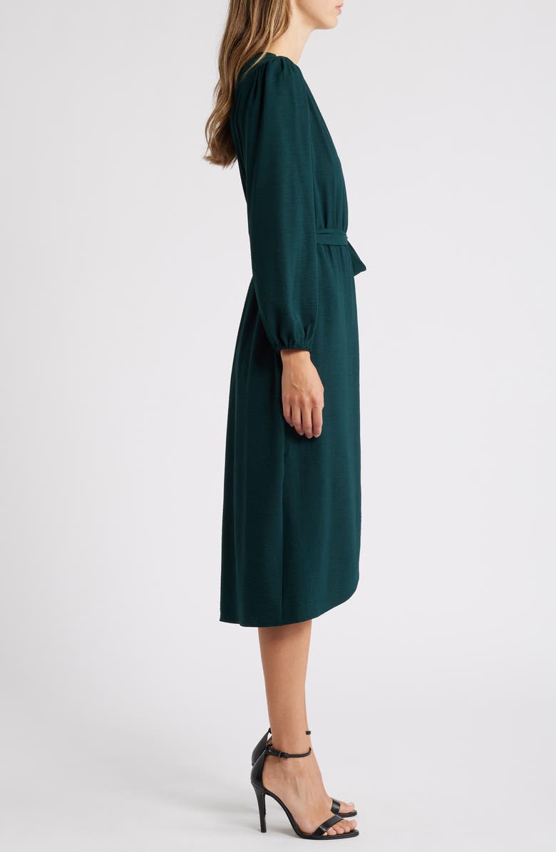 Connected Apparel Long Sleeve Faux Wrap Midi Dress, Alternate, color, Pine