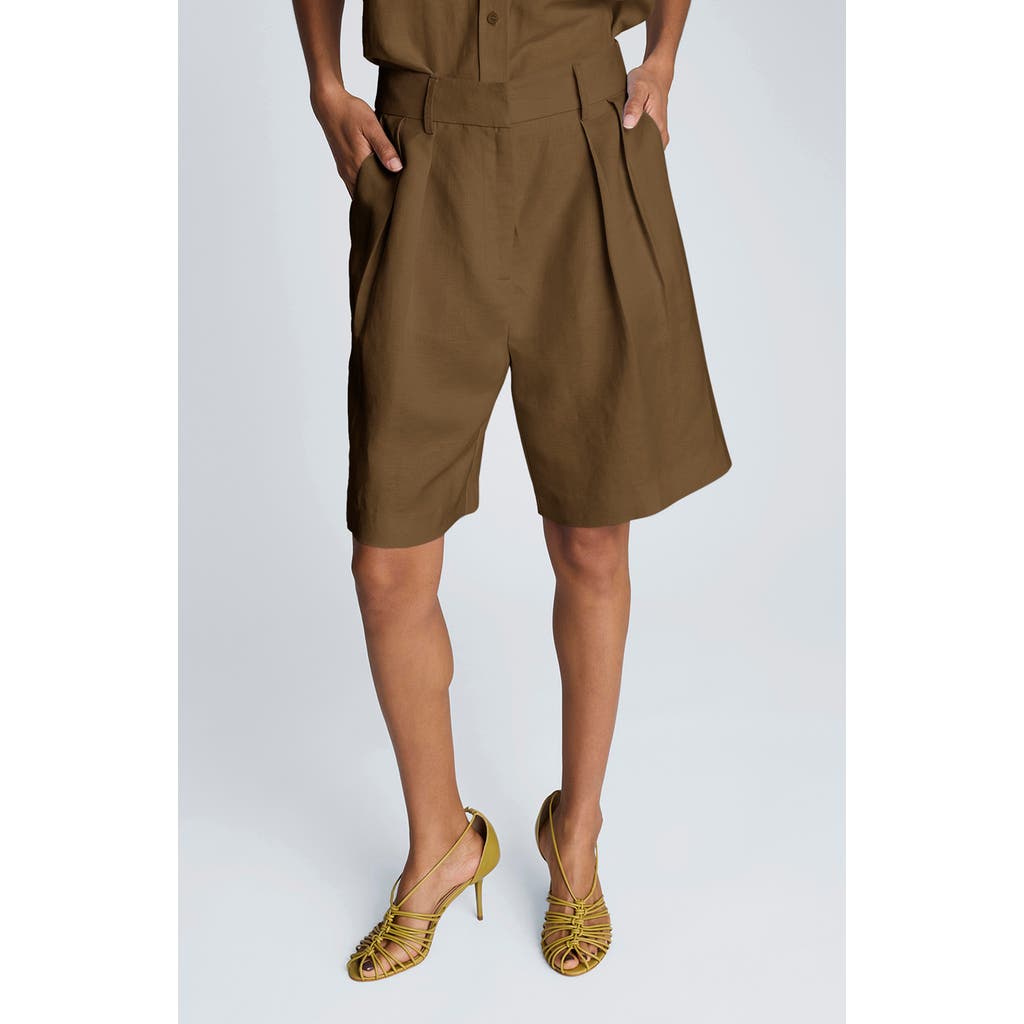 Kenneth Cole Pleated Linen Bermuda Shorts In Brown