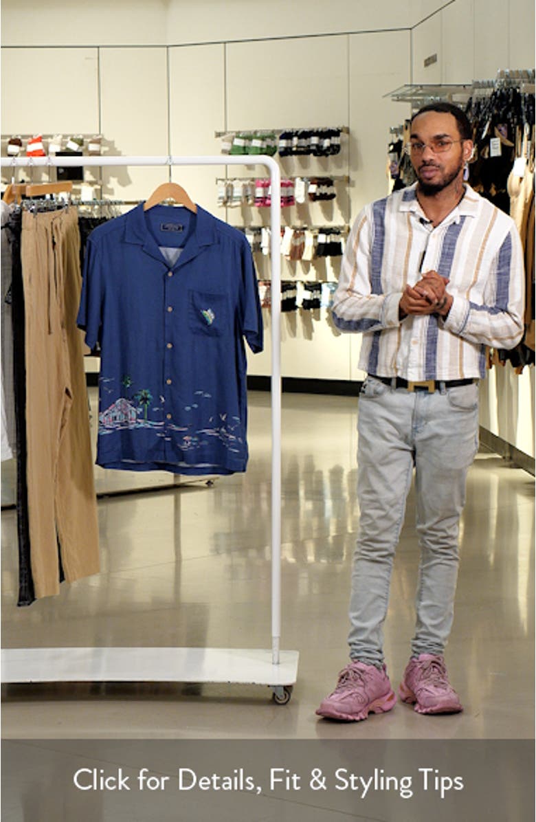 Scenic Print Short Sleeve Linen Blend Cabana Shirt, sales video thumbnail