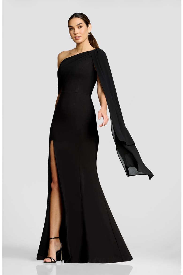 Sera One-Shoulder Cape Gown, Alternate, color, BLACK