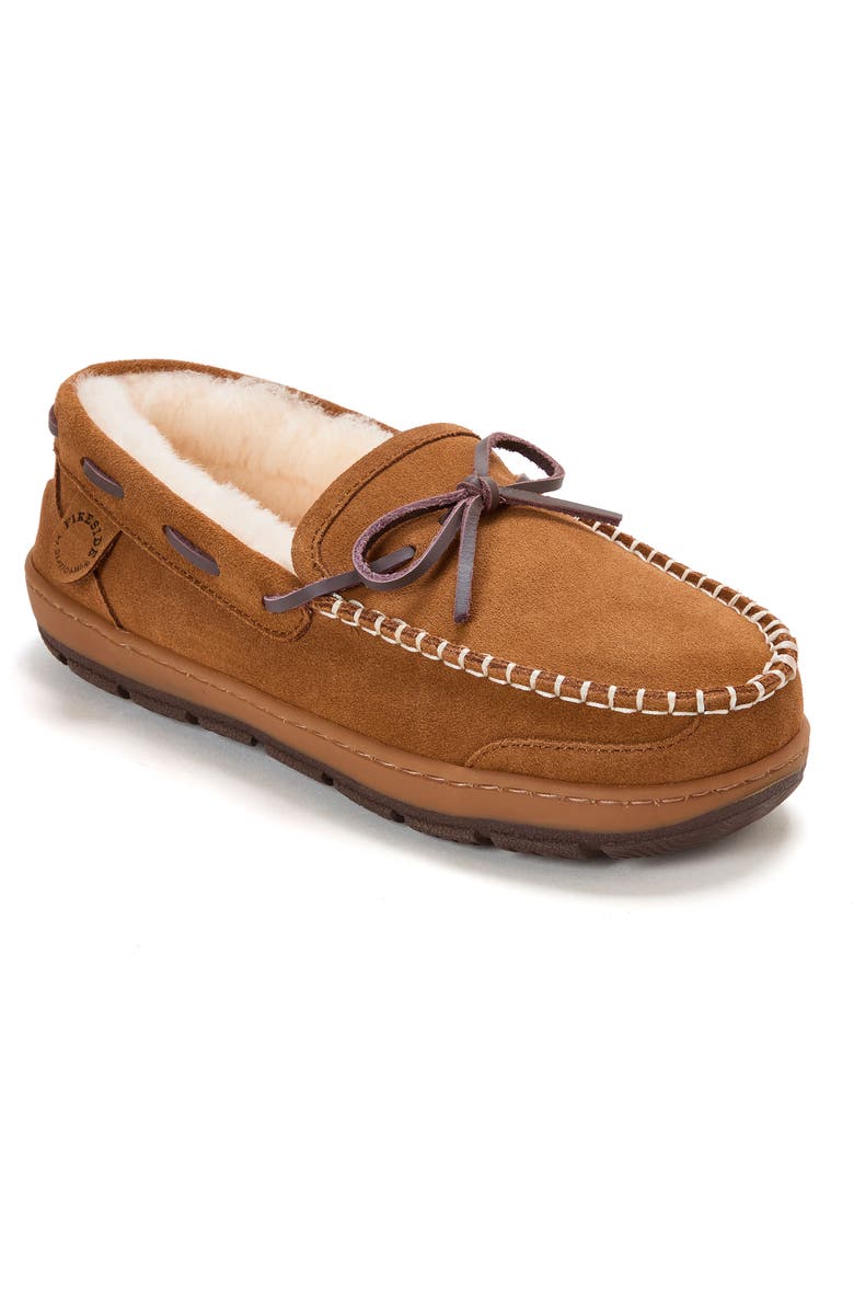 DEARFOAMS Fireside Forster Genuine Shearling Moccasin, Main, color, Chestnut
