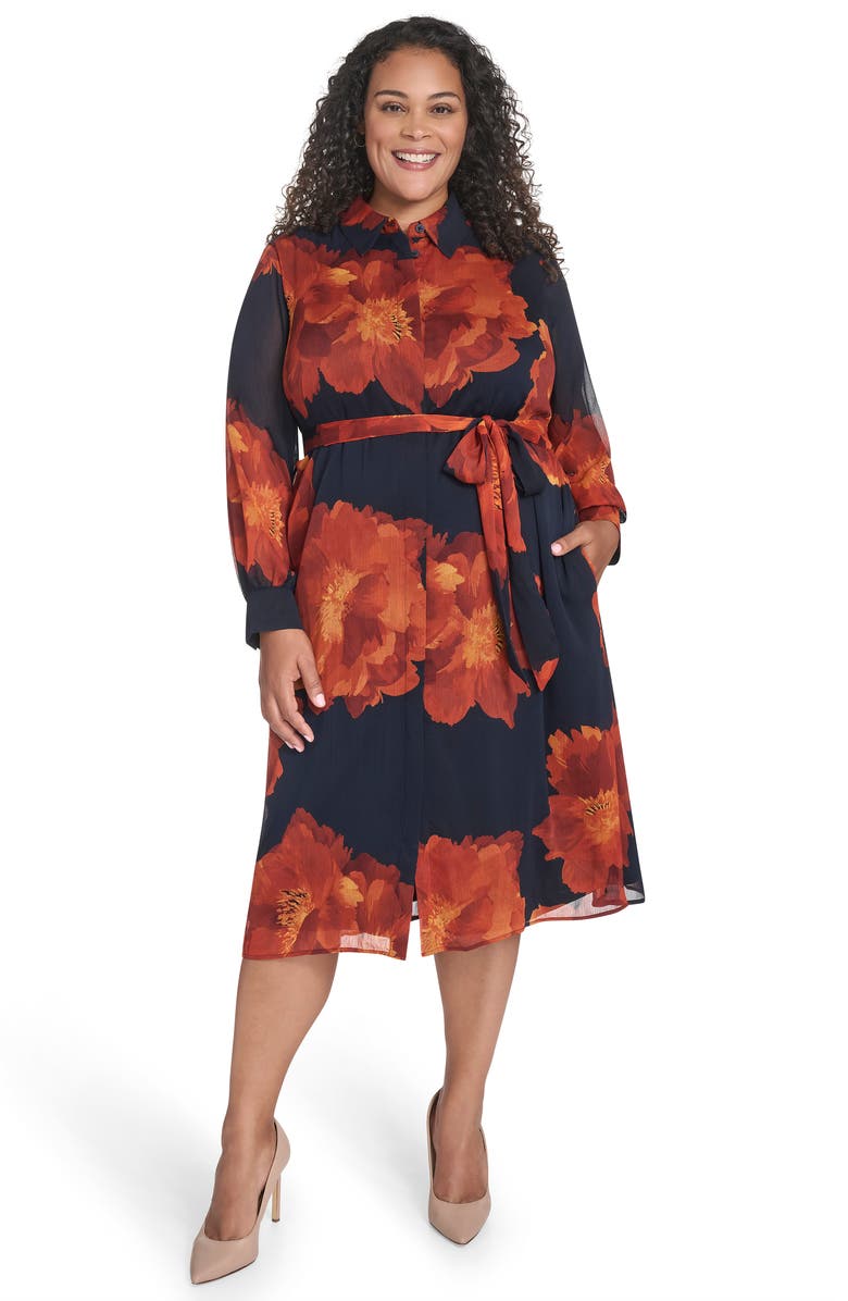 Calvin Klein Floral Chiffon Shirtdress, Alternate, color, Indigo Multi