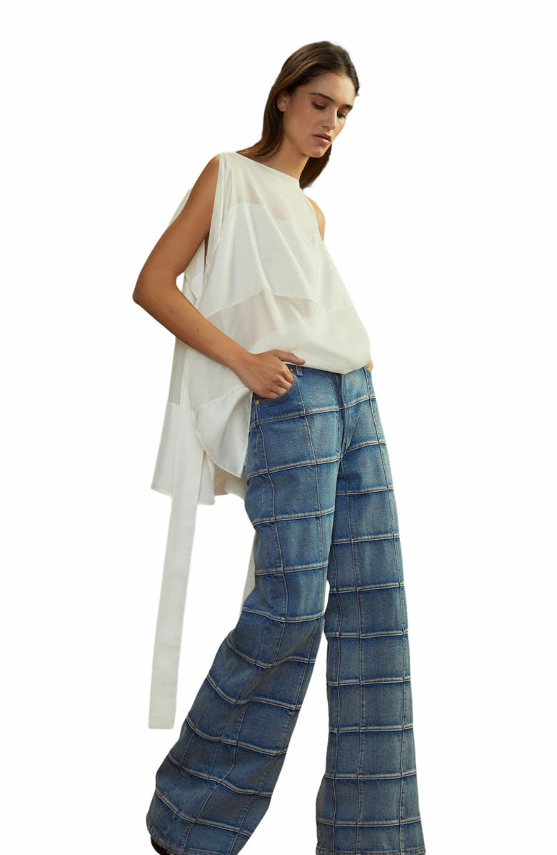 Cynthia Rowley Windowpane Wide-Leg Jeans, Alternate, color, Light Wash