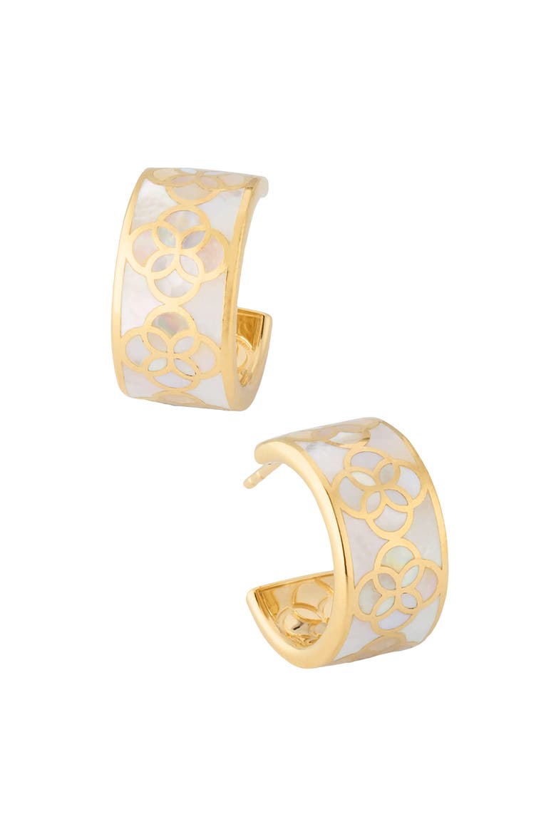 Petal Gemstone With 18K Gold Overlay Sterling Huggie Earring, Main, color, WHITE