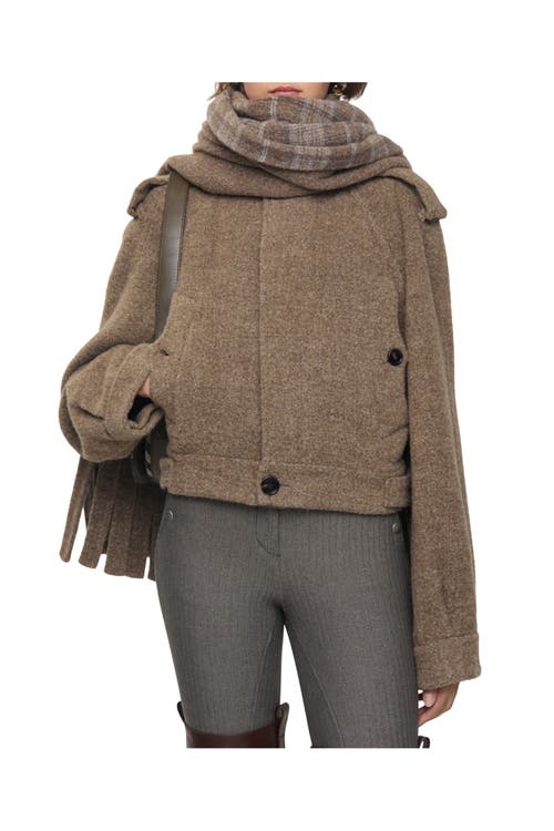 Burberry Women Detachable Scarf Wool Blend Jacket Biscuit In Brown