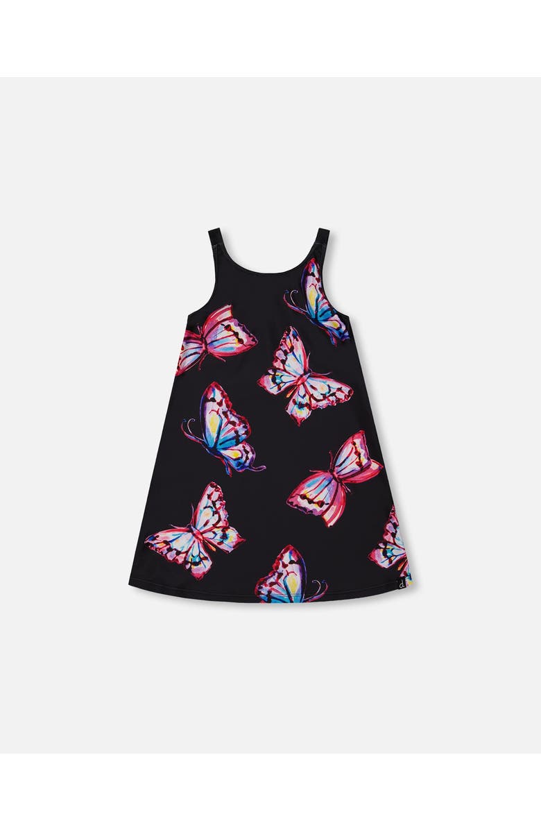 Deux par Deux Little Girl's Printed Beach Dress Black And Multicolored Butterflies, Main, color, 