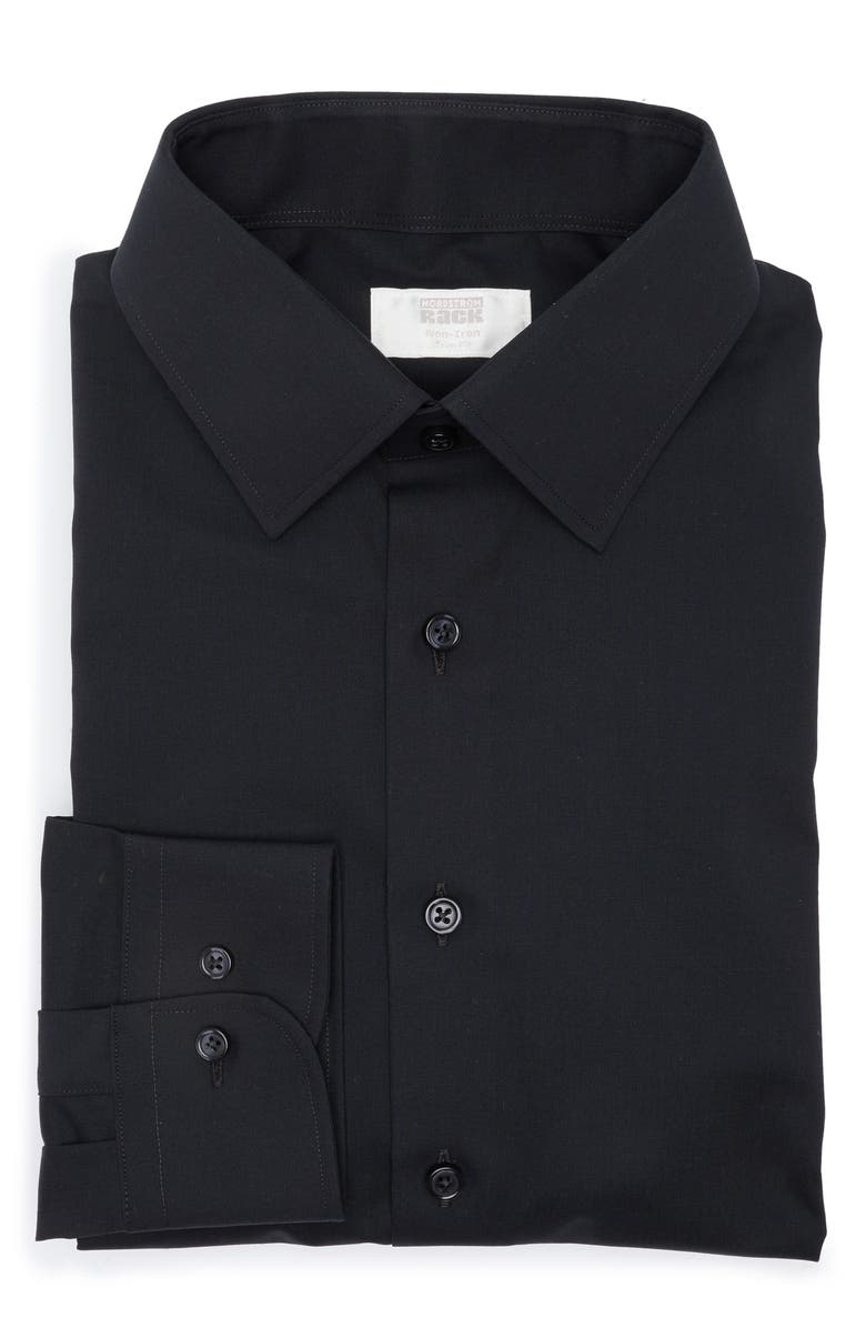 NORDSTROM RACK Trim Fit Solid Cotton Blend Dress Shirt, Alternate, color, Black
