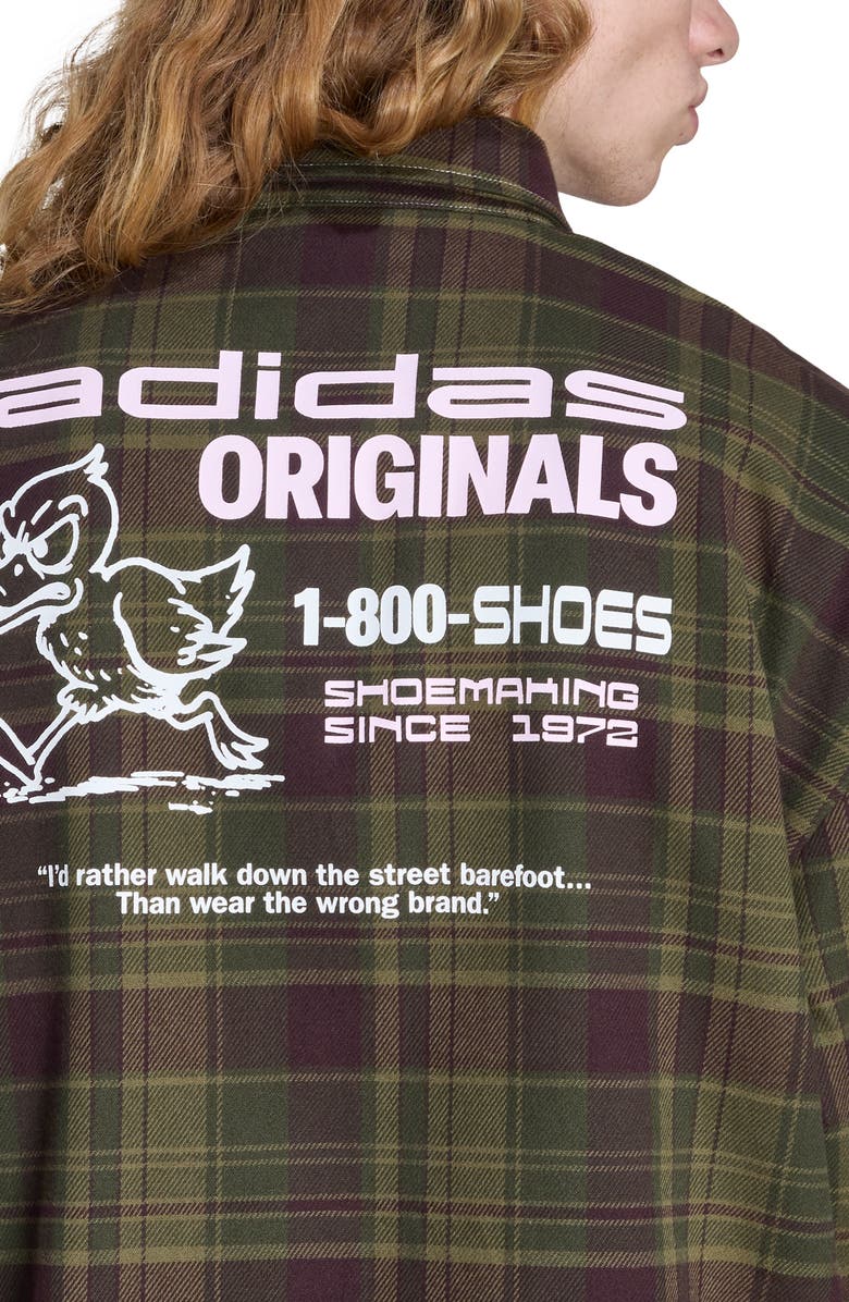 adidas Duck Graphic Distressed Plaid Cotton Flannel Button-Up Shirt, Alternate, color, 