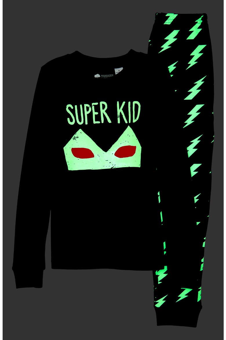 Glow in the Dark Fitted Two-Piece Pajamas, Alternate, color, BLACK GLOW SUPER KID